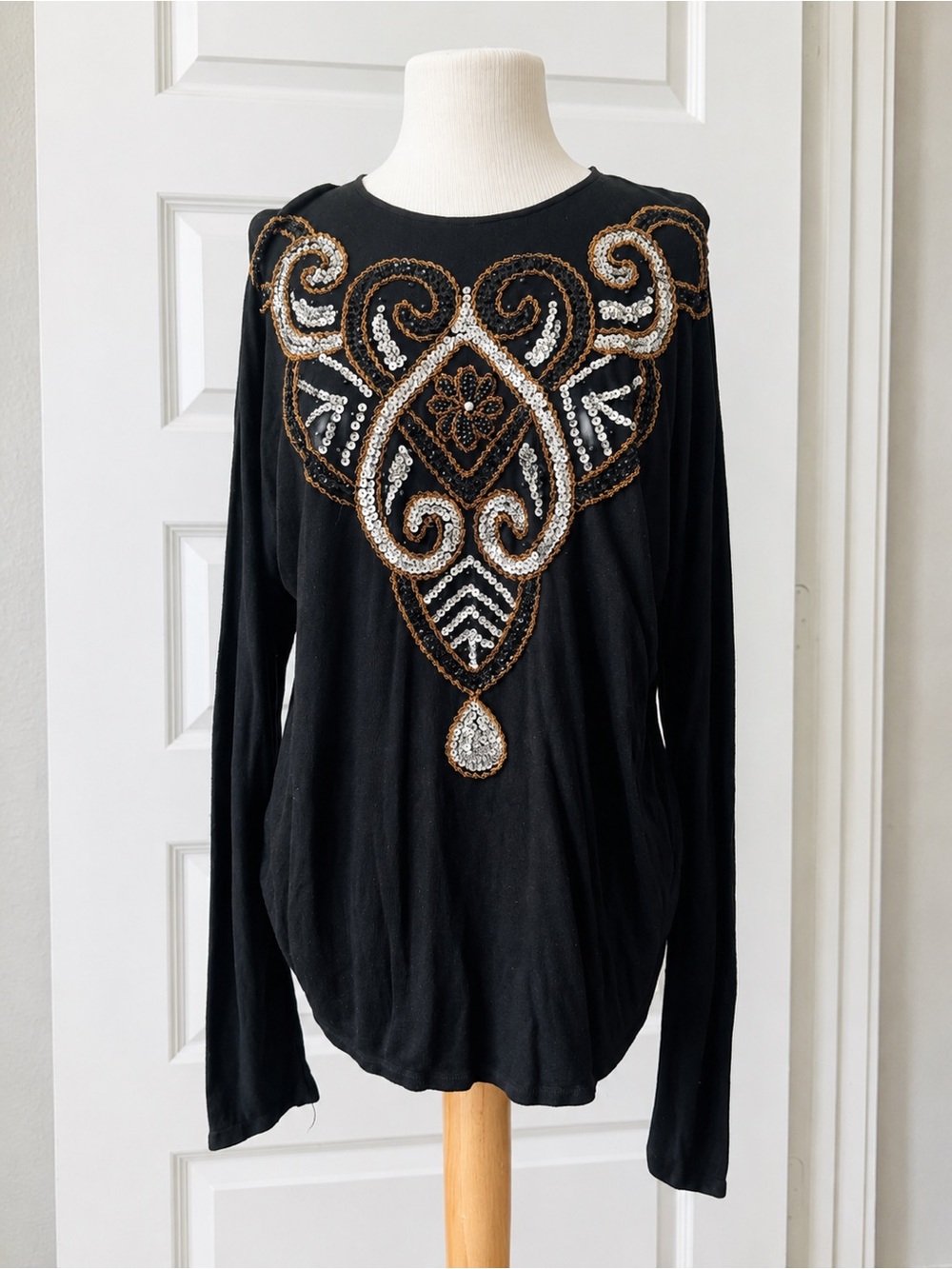 Vintage Greenlight Black Heavily Beaded Sequin Long Sleeve Top Y2K Statement Top